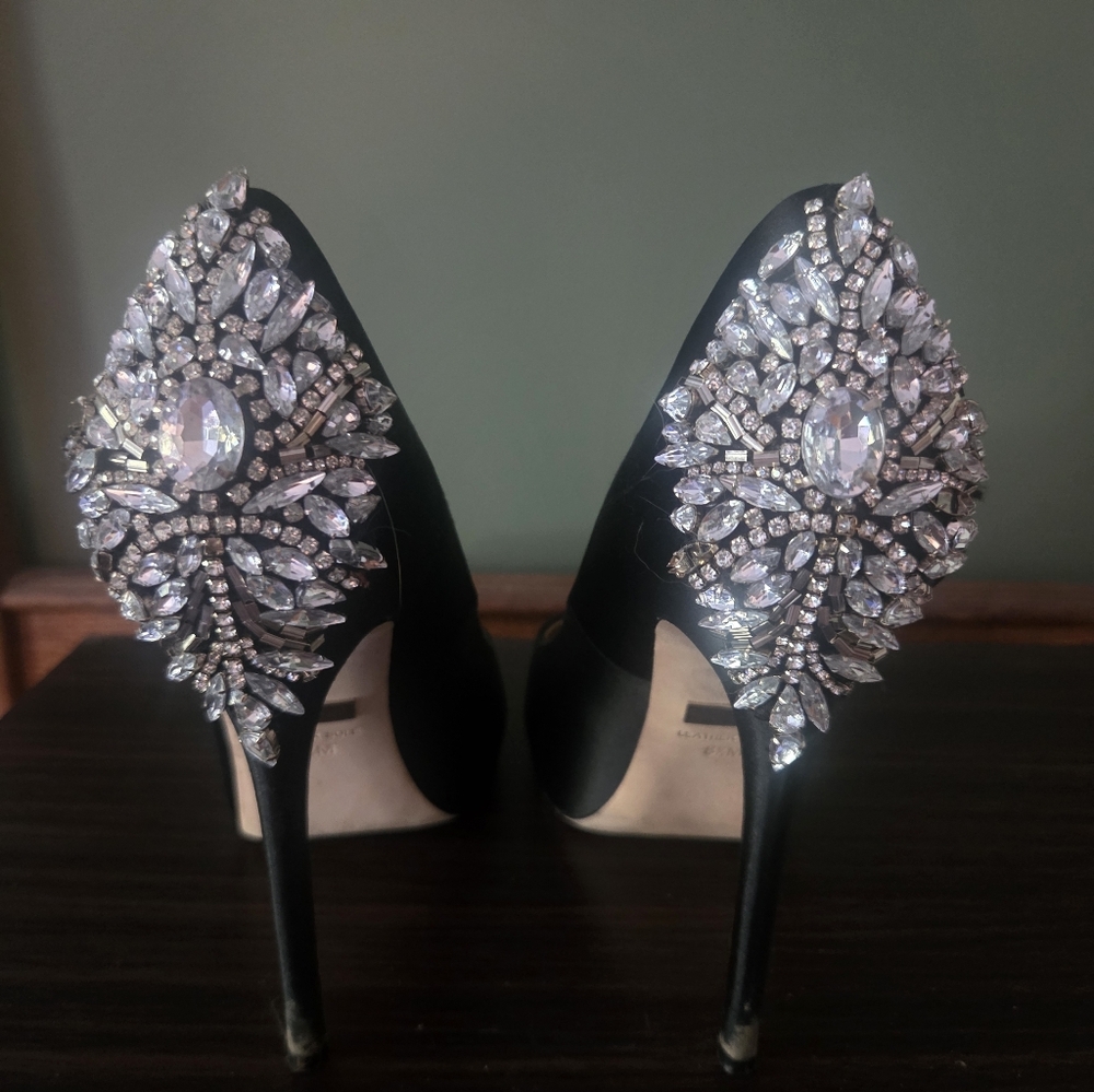 Badgeley Mischka Kiara Black Satin Peep Toe Stilletto With Crystal Embellishment